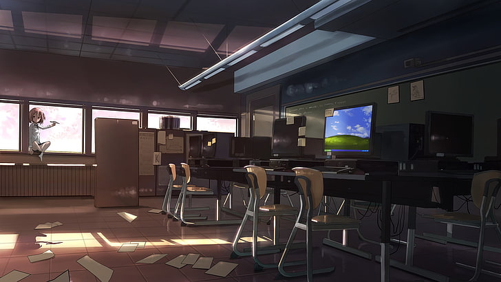 flat screen computer monitor, room, anime girls, classroom, original characters
