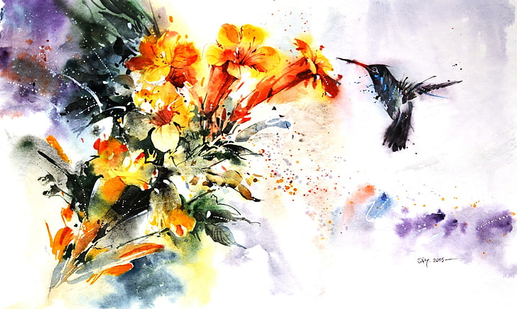 Hummingbird, art, pasare, flower, yellow, colibri, watercolor