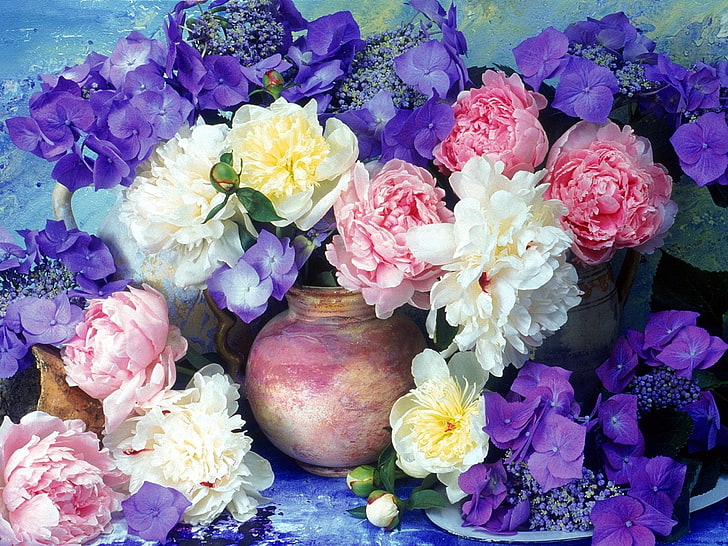 white, yellow, and pink flowers, peonies, hydrangea, painting, HD wallpaper