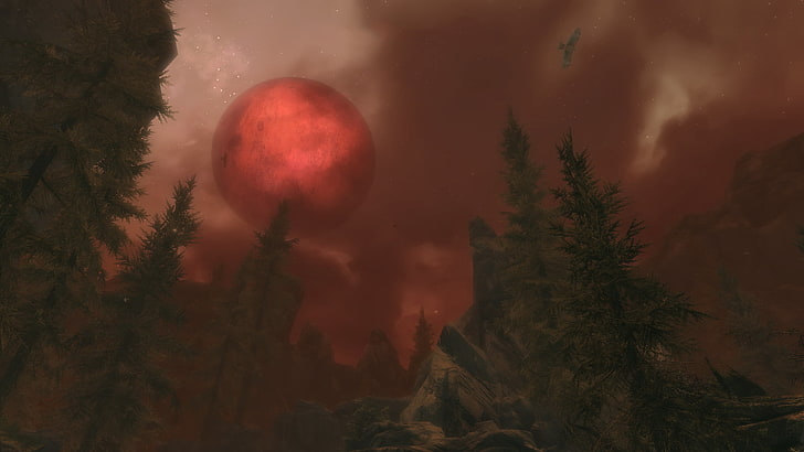blood moon, The Elder Scrolls V: Skyrim, video games, tree, plant