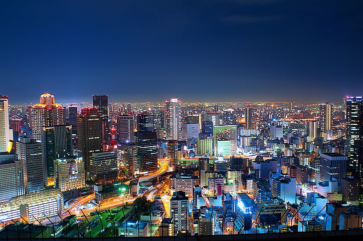 city establishments, night, lights, Japan, megapolis, Osaka