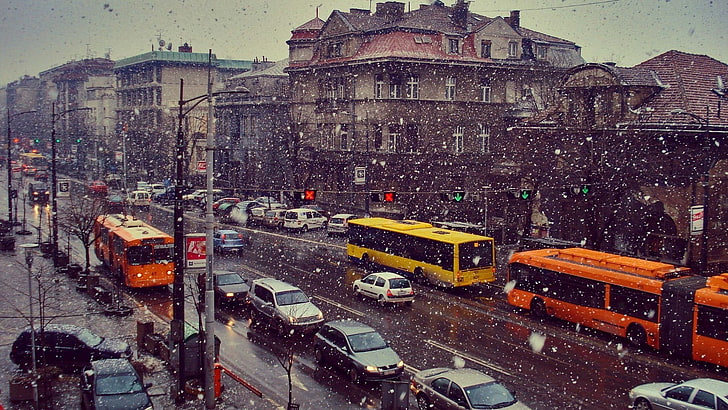 yellow bus, winter, cityscape, snow, buses, architecture, building exterior, HD wallpaper