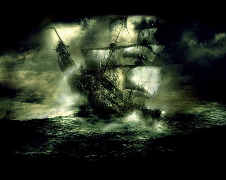 pirate ship illustration, fantasy art, war, Flying Dutchman, ghost ship