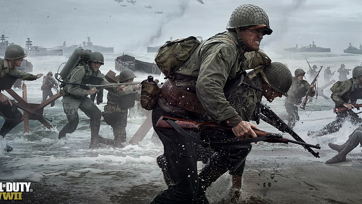 photo of running soldiers in war, Call of Duty: WW2, 4k, 5k, poster, HD wallpaper