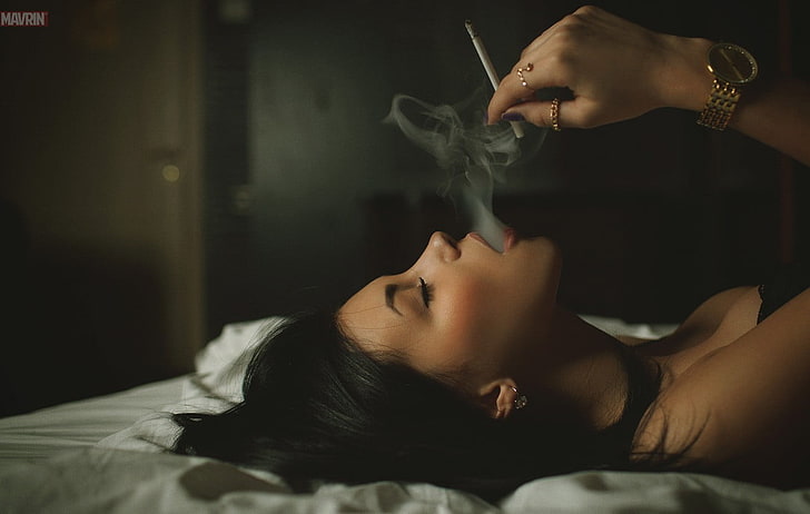 white bed sheet, smoke, women, Aleksandr Mavrin, smoking, cigarettes
