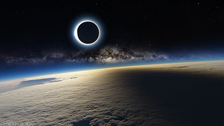 white clouds, space, Earth, solar eclipse, photography, digital art