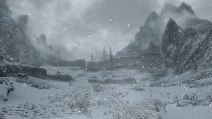fort, landscape, winter, snow, mountains, The Elder Scrolls V: Skyrim