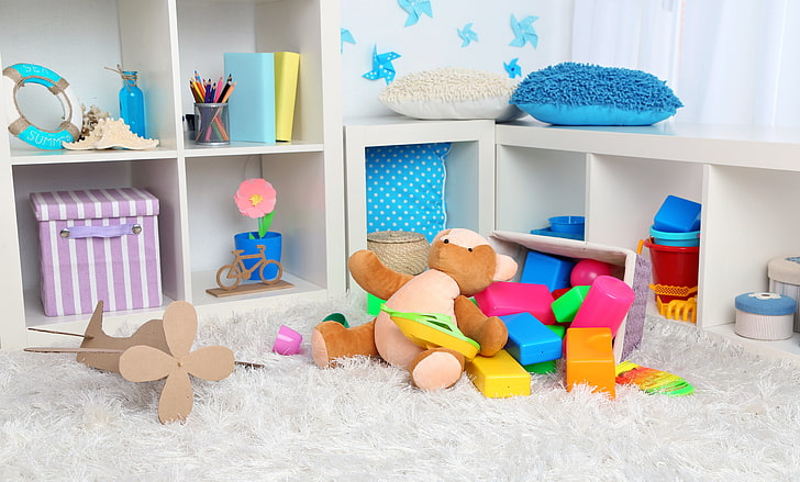 assorted-color toy lot, toys, items, children's corner, children's room