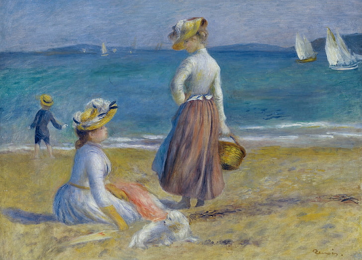 sea, girls, boat, picture, sail, Pierre Auguste Renoir, Figures on the Beach