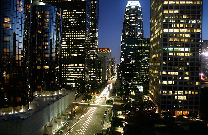 high-rise buildings, Los Angeles, night, light trails, cityscape
