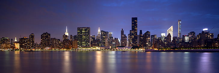 city high-rise buildings near calm body of water at night time, queens, queens, HD wallpaper