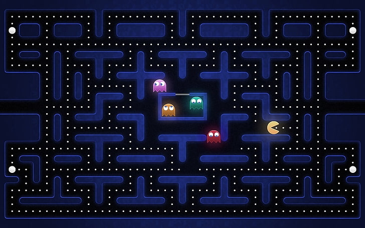 Pacman game screenshot, maze, harassment, search, backgrounds
