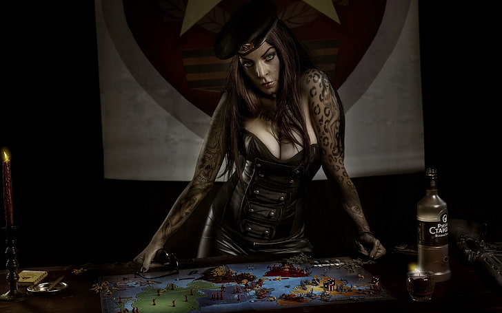 woman in black sweetheart top illustration, women, tattoo, vodka, HD wallpaper
