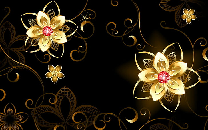 HD wallpaper: Gold flowers abstraction, black and gold flower printed ...