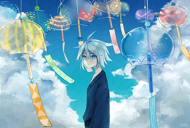 Anime, Original, Blue Eyes, Boy, Kimono, White Hair, Wind Chime, HD wallpaper
