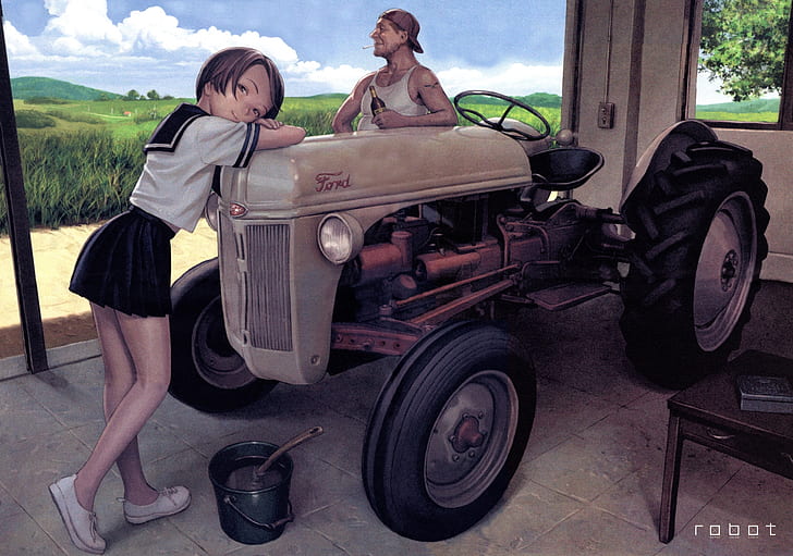 Murata Range, original characters, tractors, school uniform, HD wallpaper