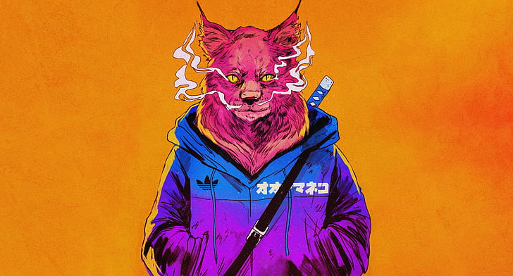smoking, artwork, orange background, cats, animals, Adidas