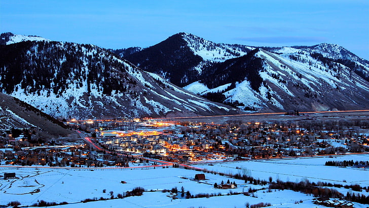 snow covered mountain, winter, mountains, town, Wyoming, Jackson, HD wallpaper