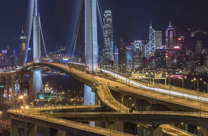night, bridge, the city, lights, Hong Kong, China, Stonecutters` Bridge，HongKong
