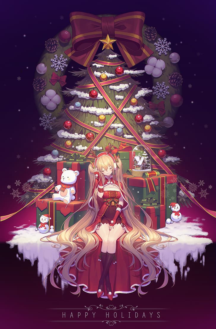 anime girls, Santa costume, Christmas Tree, Christmas presents