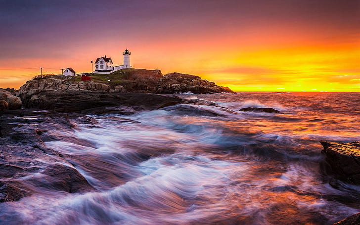 Coast, sea, lighthouse, building, sunrise, rocks, waves, HD wallpaper