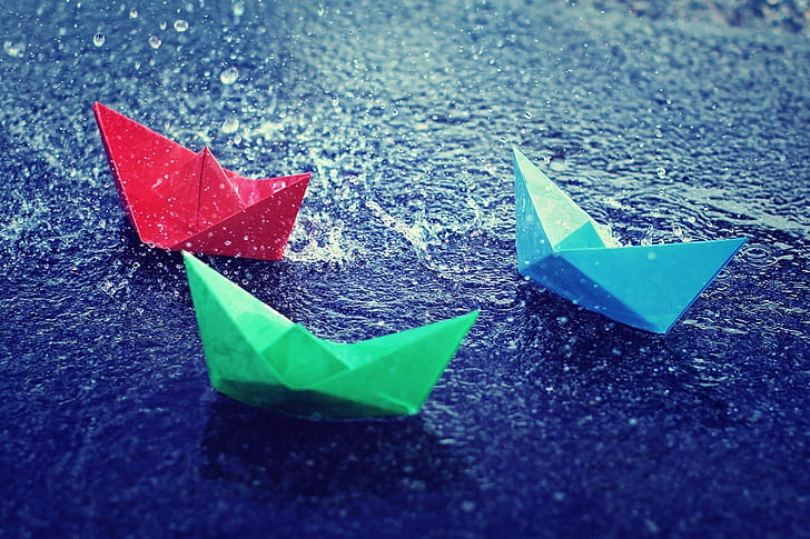 paper boats, water, water drops, splashes, puddle, rain, cyan, HD wallpaper