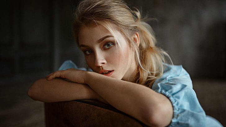 women's blue blouse, Georgy Chernyadyev, blonde, portrait, depth of field, HD wallpaper