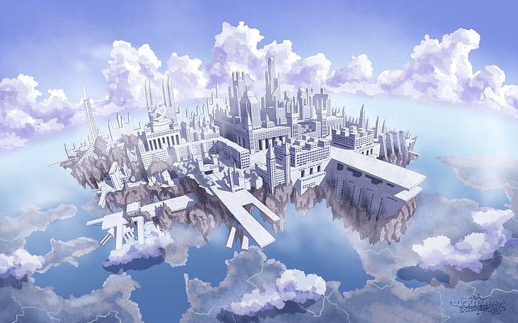 floating island, clouds, building, sky, Pixiv Fantasia, HD wallpaper
