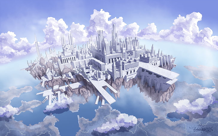flouting city digital wallpaper, Pixiv Fantasia, building, sky