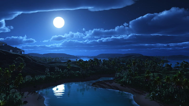 nature, sky, moonlight, reflection, full moon, night sky, water, HD wallpaper