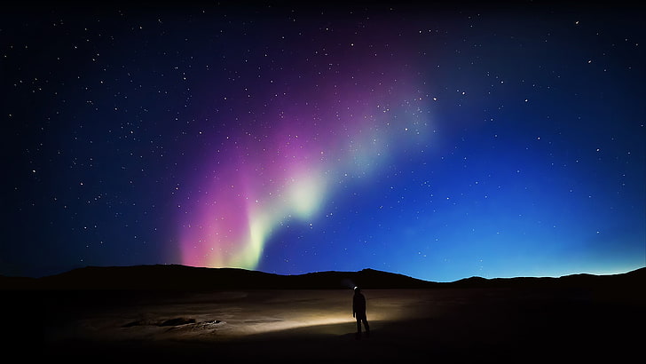 purple aurora borealis during golden hour, aurorae, stars, nature, HD wallpaper