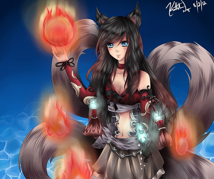 female black haired anime character, Ahri, League of Legends, HD wallpaper