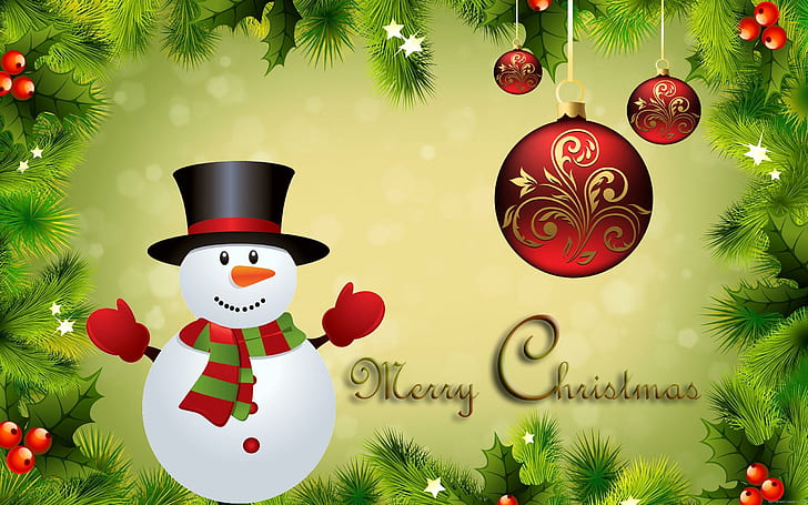 Christmas snowman, merry christmas illustration, balls, holidays, HD wallpaper