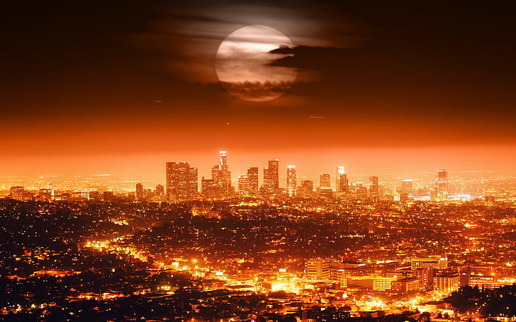 Full moon, USA, Los Angeles, night, city, lights, cityscapes, red style, cityscape illustration