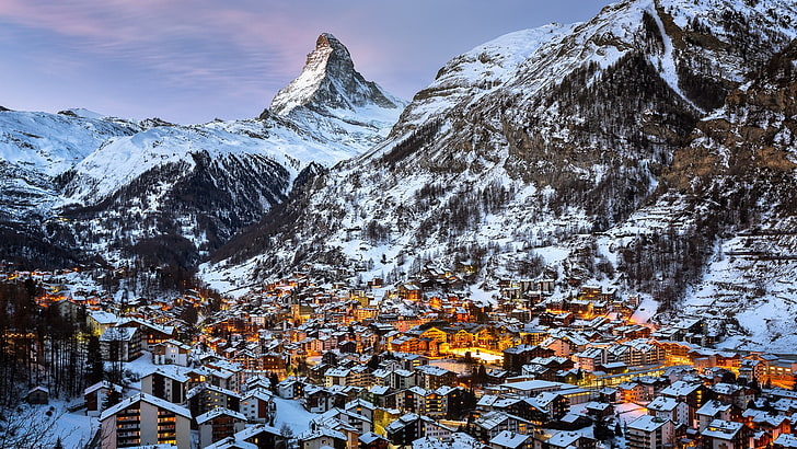 snow-coated brown mountain, Switzerland, mountains, winter, town