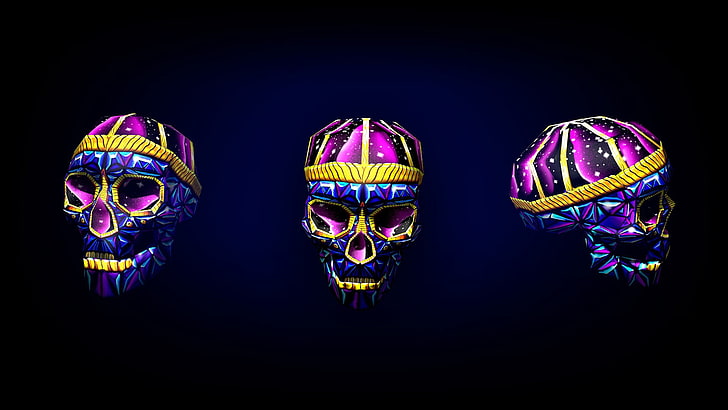 three purple-and-gold skull illustrations, art, bright, 3d, mask - Disguise