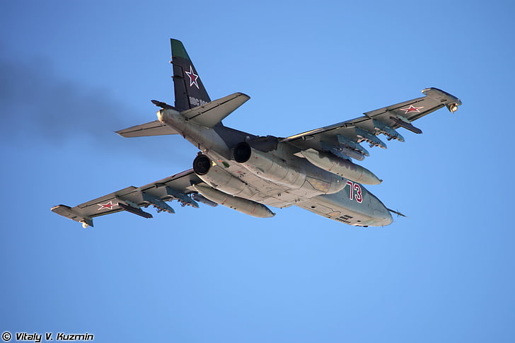 low-angle photography of flight of gray US aircraft, Rook, Su-25