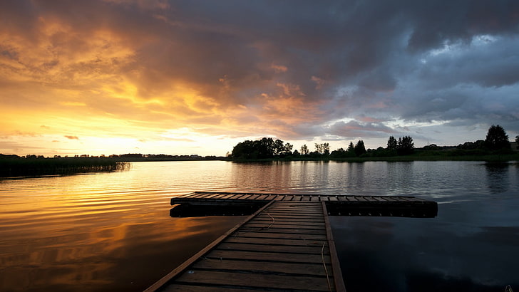 photo of dock during golden hour, nature, HDR, sunset, lake, landscape, HD wallpaper