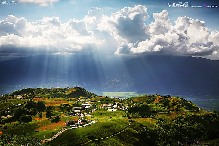 areal photography of town with cumulus nimbus clouds and god rays, taiwan, taiwan