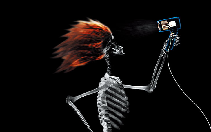 skeleton illustration, digital art, black background, x-rays