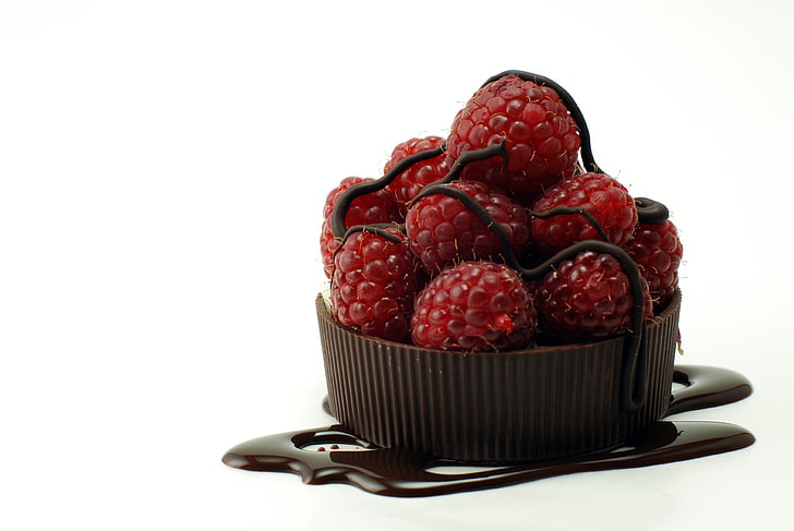 red and black floral ceramic bowl, food, fruit, chocolate, raspberries