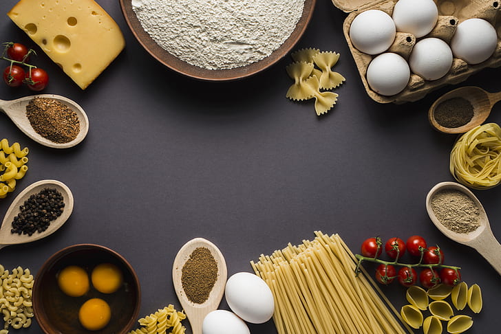 still life, noodles, eggs, food, cheese, tomatoes, pasta, farfalle, HD wallpaper