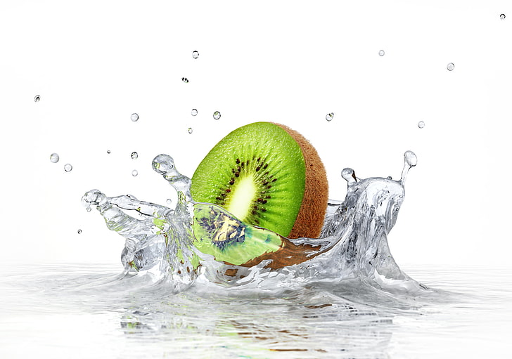 kiwi fruit flesh, water, squirt, white background, sprays, freshness