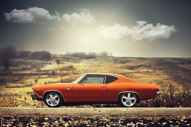 Chevrolet, Chevelle, SS, 1969, orange, Sideview, sun, clouds