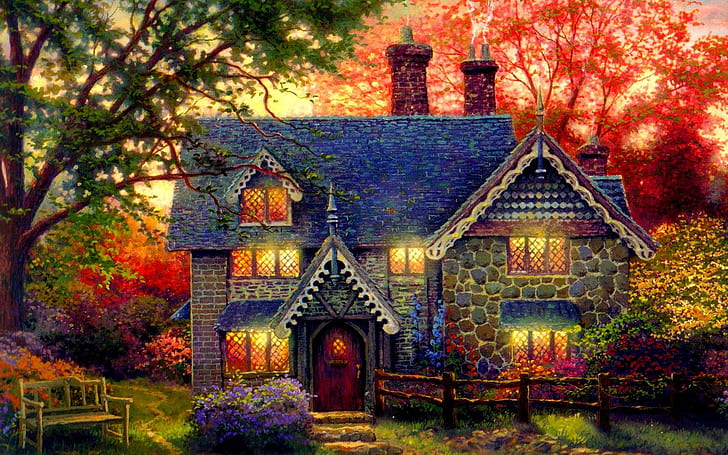 Gingerbread Cottage, light in the windows, party, bench, stone cottage