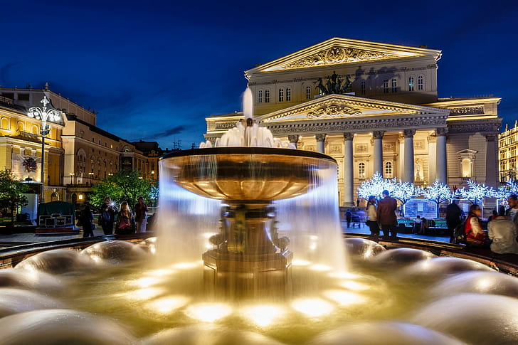 Bolshoi Theatre, Moscow, Russia, fountain illumination, HD wallpaper