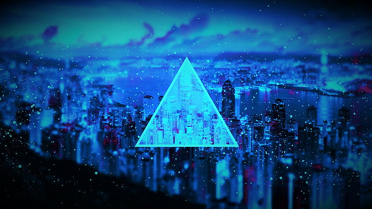 black, blue, Cityscape, Dark, Particle, sea, Triangle, HD wallpaper