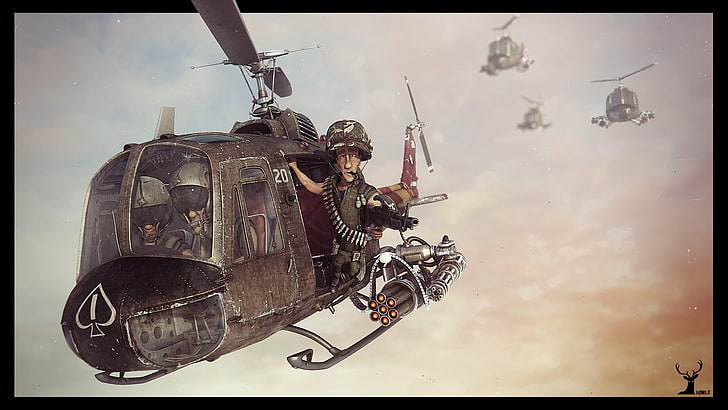 man in helicopter paintings, cartoon, Vietnam War, auto post production filter