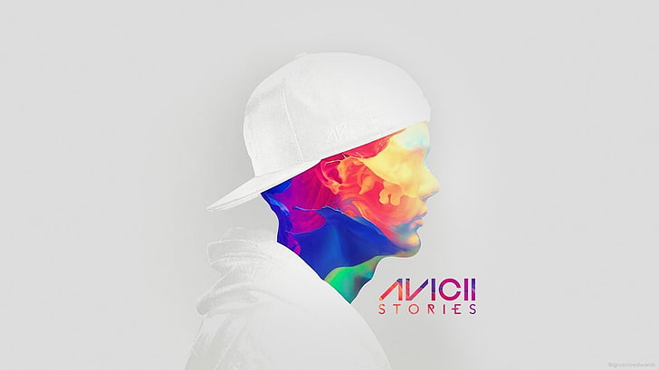 Avicii Stories poster, album covers, one person, white background