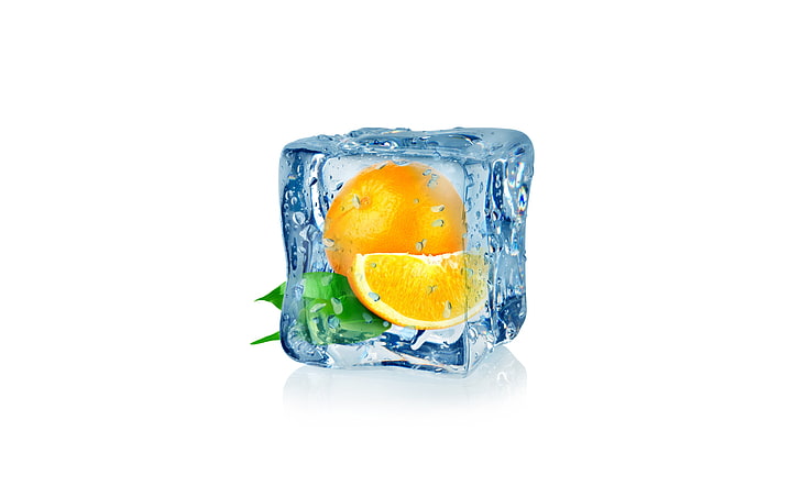 orange fruit ice cube decor, minimalism, white background, digital art